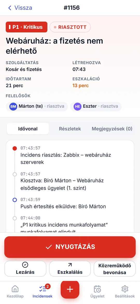 Incidens a mobilappban: idővonal és nyugtázás gomb